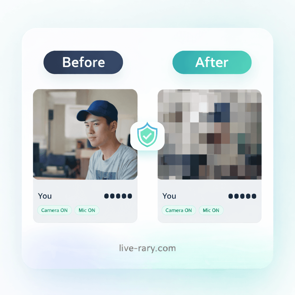 モザイク映像と加工音声のプライバシー設計イメージ